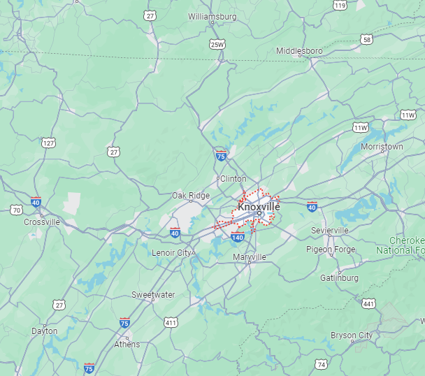 Knoxville area map showing topography and roads